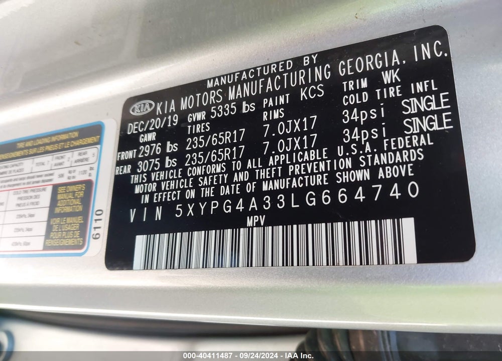2020 KIA SORENTO 2.4L L VIN: 5XYPG4A33LG664740
