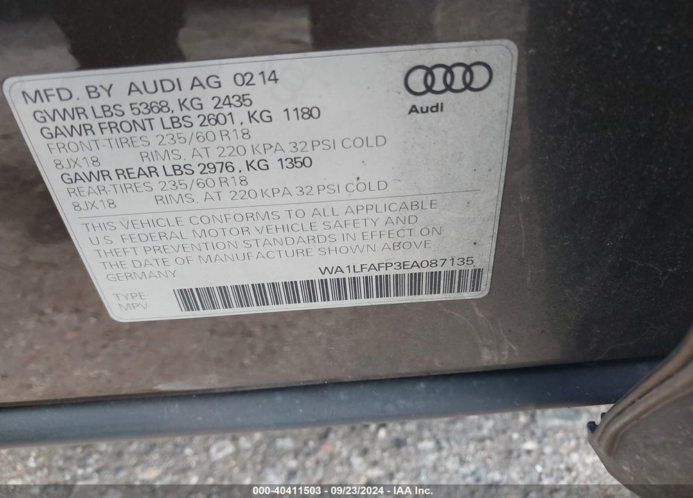 2014 AUDI Q5 2.0T PREMIUM VIN: WA1LFAFP3EA087135