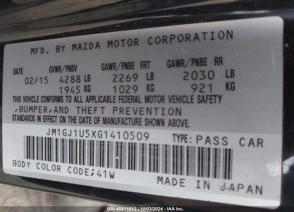 2016 MAZDA 6 I SPORT VIN: JM1GJ1U5XG1410509