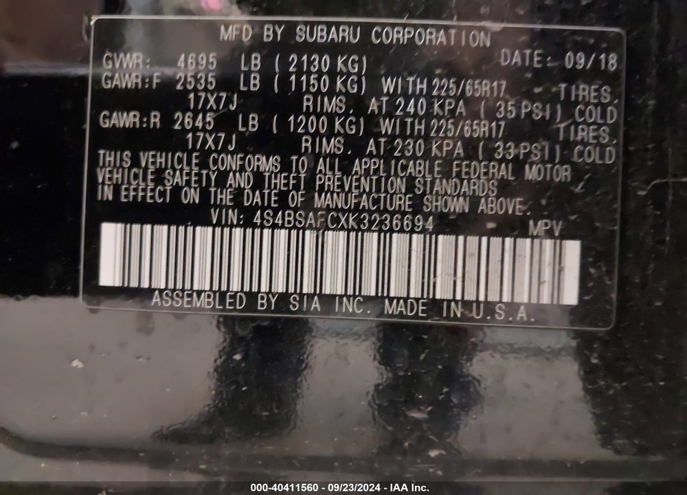2019 SUBARU OUTBACK 2.5I PREMIUM VIN: 4S4BSAFCXK3236694