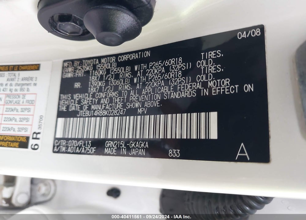 2008 TOYOTA 4RUNNER SPORT V6 VIN: JTEBU14R88K028247