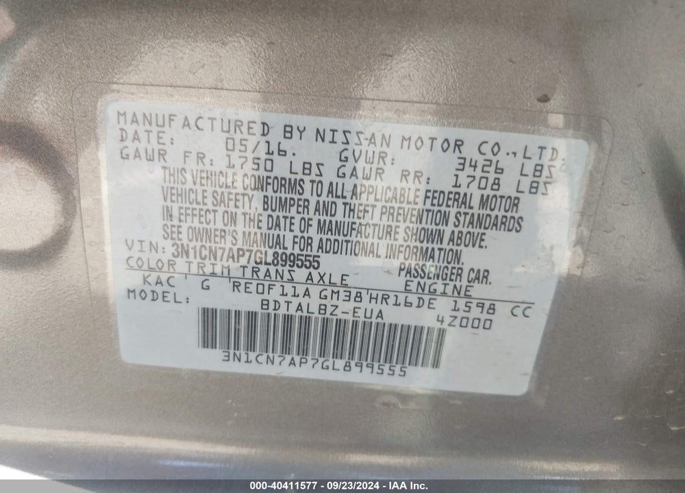 2016 NISSAN VERSA 1.6 SV VIN: 3N1CN7AP7GL899555