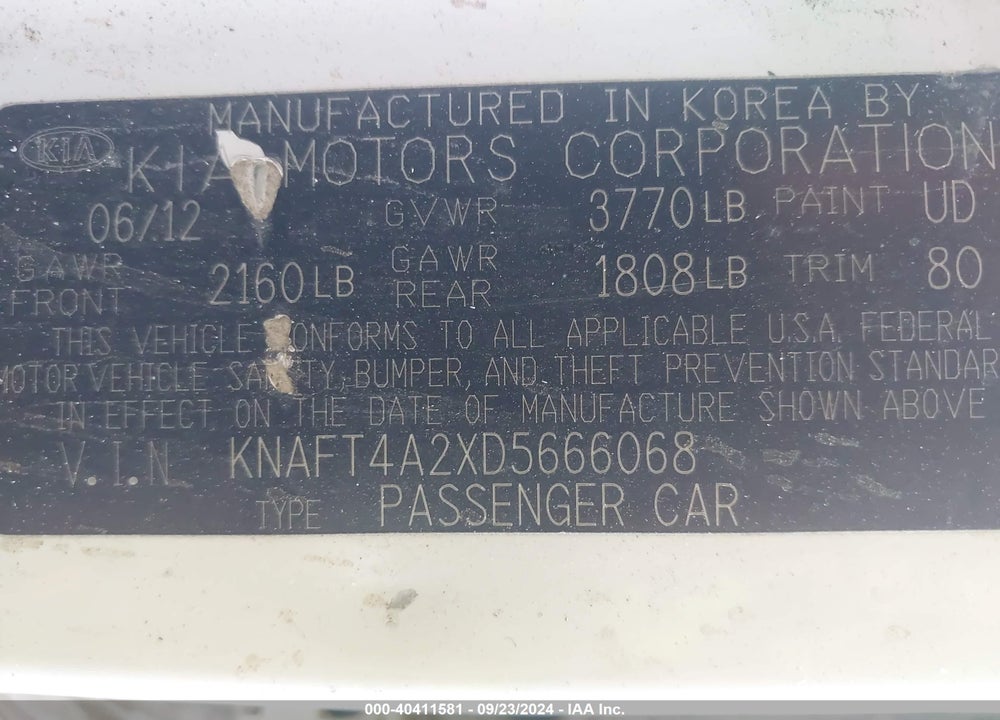2013 KIA FORTE LX VIN: KNAFT4A2XD5666068