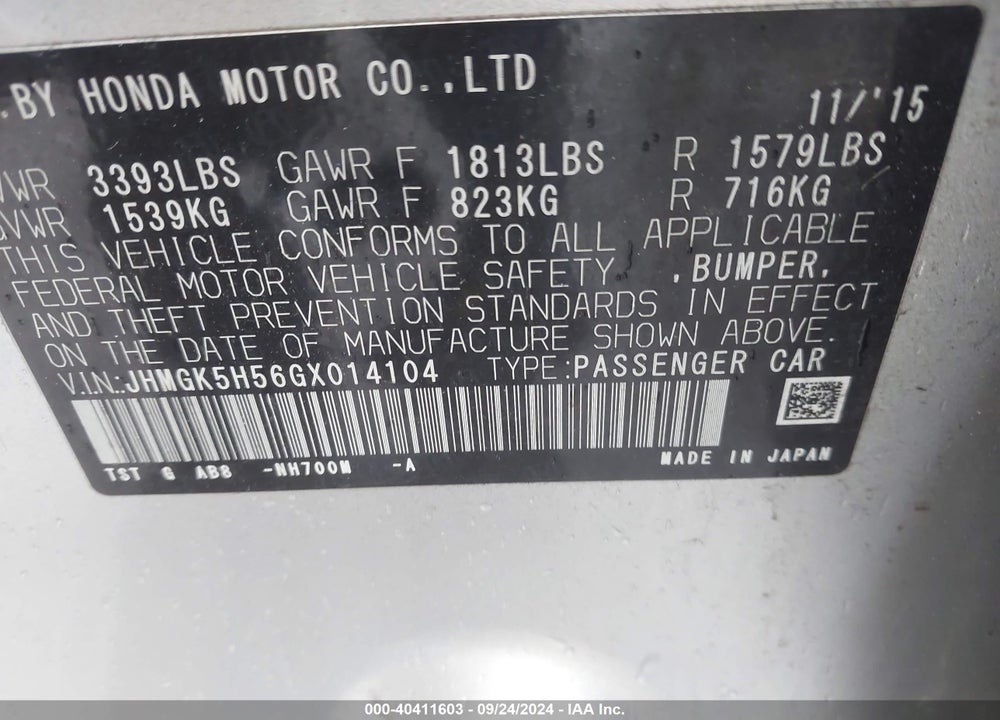2016 HONDA FIT LX VIN: JHMGK5H56GX014104