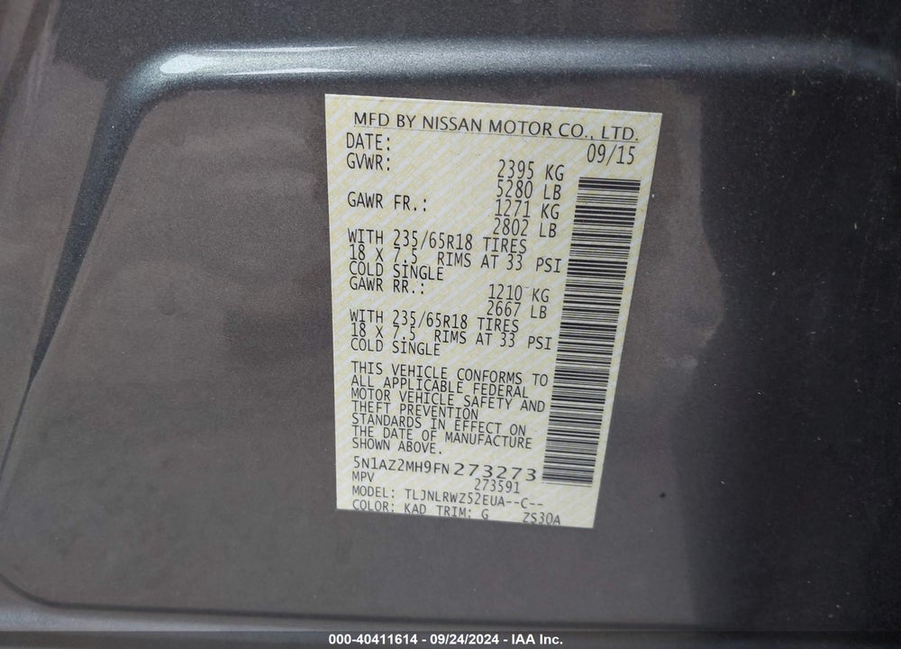 2015 NISSAN MURANO SL VIN: 5N1AZ2MH9FN273273