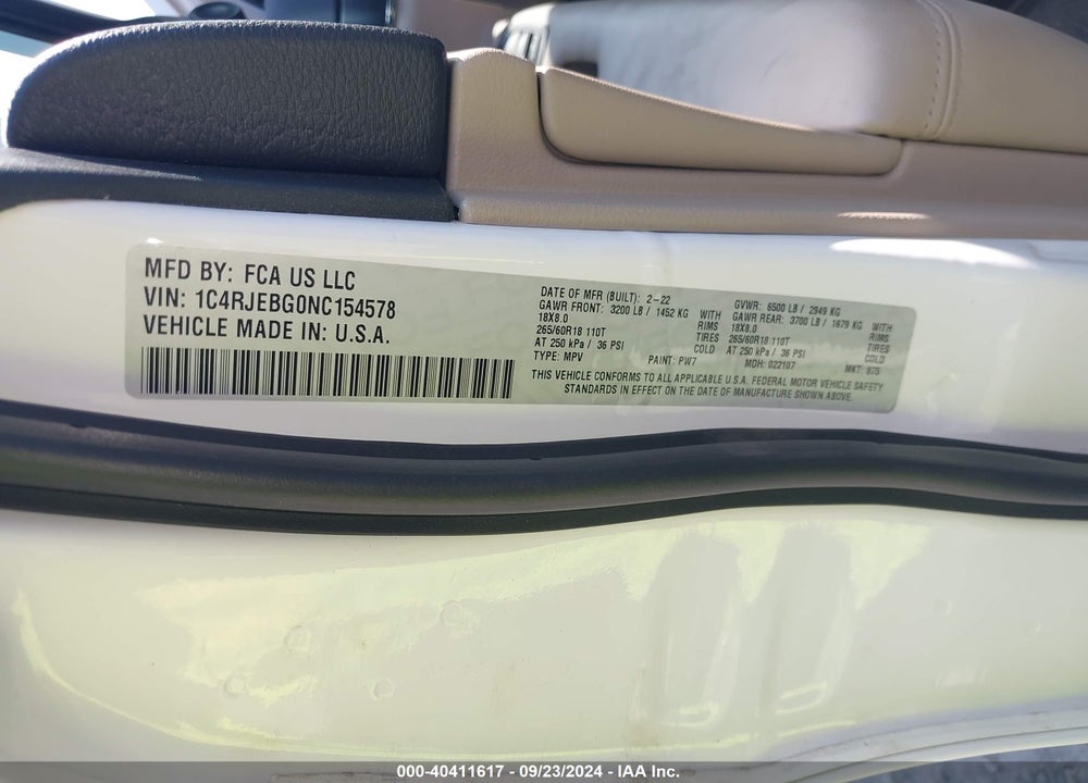 2022 JEEP GRAND CHEROKEE WK LIMITED 4X2 VIN: 1C4RJEBG0NC154578