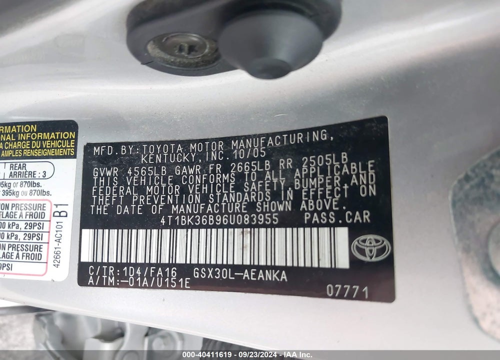 2006 TOYOTA AVALON XL VIN: 4T1BK36B96U083955