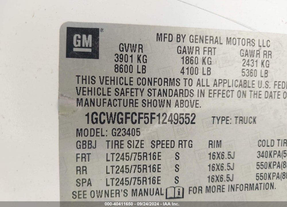 2015 CHEVROLET EXPRESS 2500 WORK VAN VIN: 1GCWGFCF5F1249552
