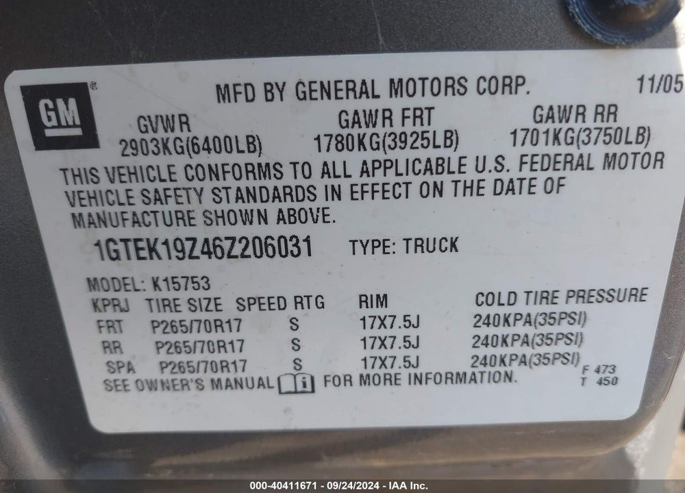 2006 GMC SIERRA 1500 SLE2 VIN: 1GTEK19Z46Z206031