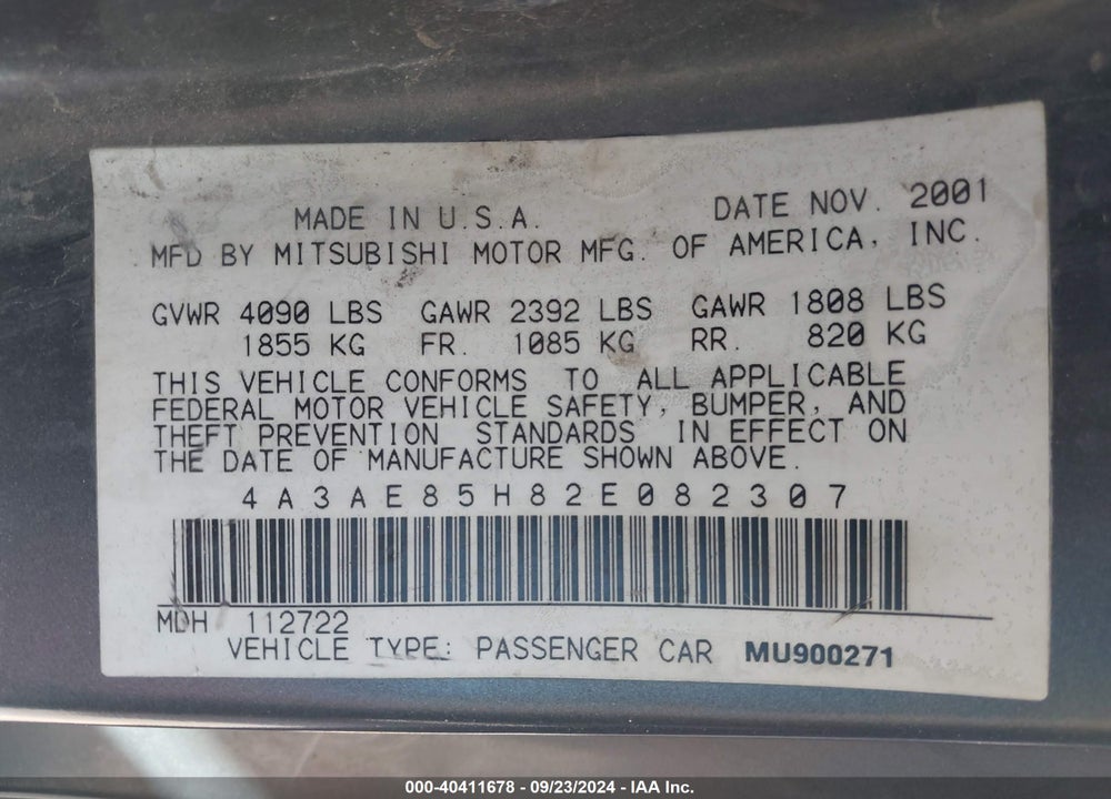 2002 MITSUBISHI ECLIPSE SPYDER GT VIN: 4A3AE85H82E082307