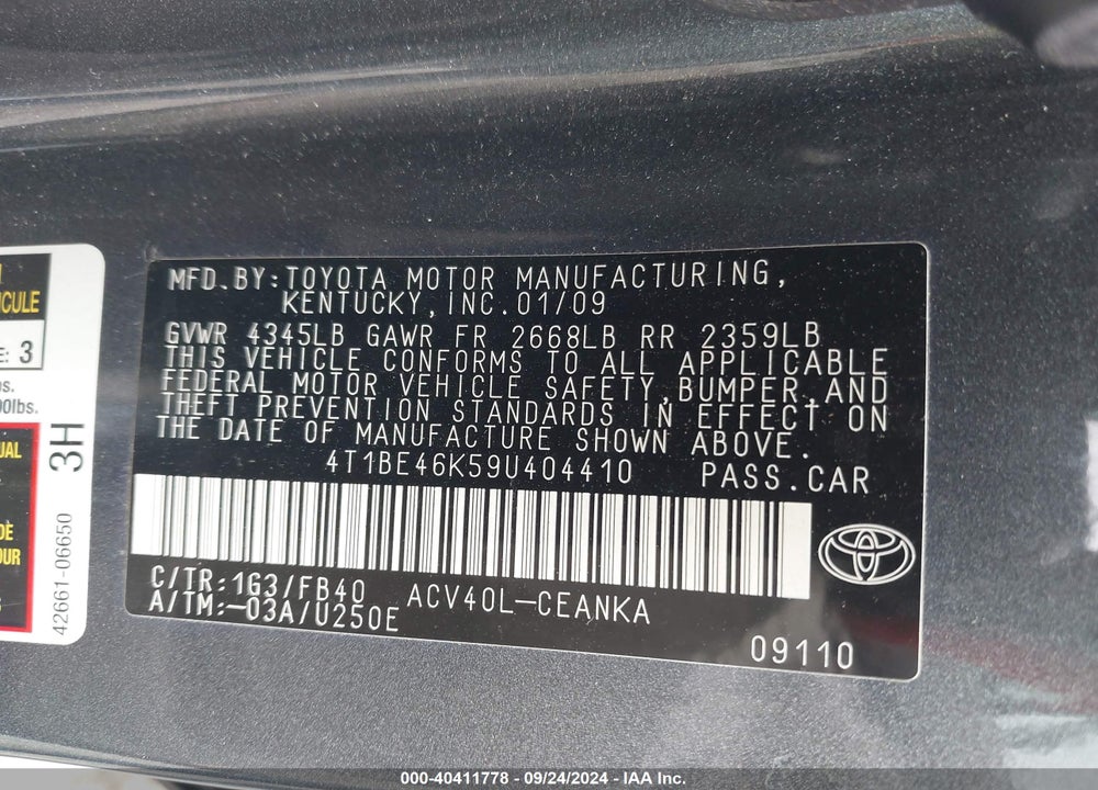 2009 TOYOTA CAMRY LE VIN: 4T1BE46K59U404410