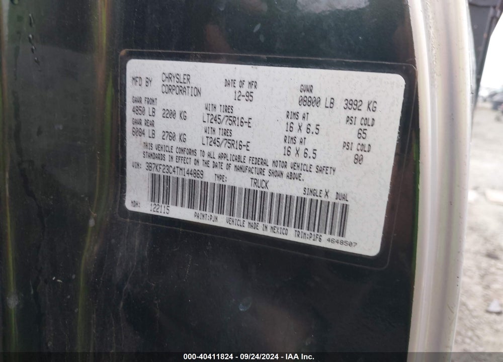 1996 DODGE RAM 2500 VIN: 3B7KF23C4TM144869
