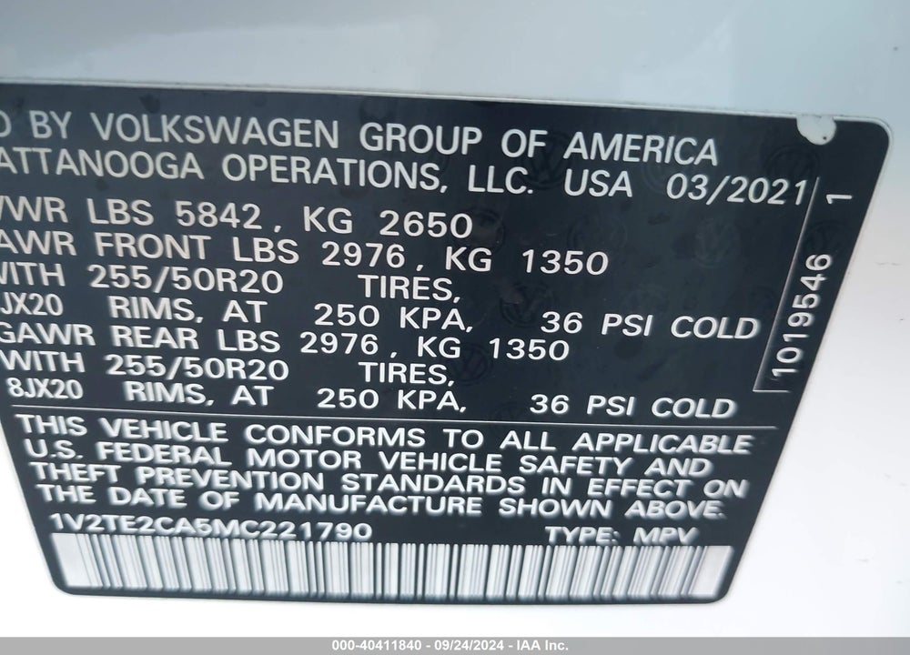 2021 VOLKSWAGEN ATLAS CROSS SPORT 3.6L V6 SEL PREMIUM VIN: 1V2TE2CA5MC221790