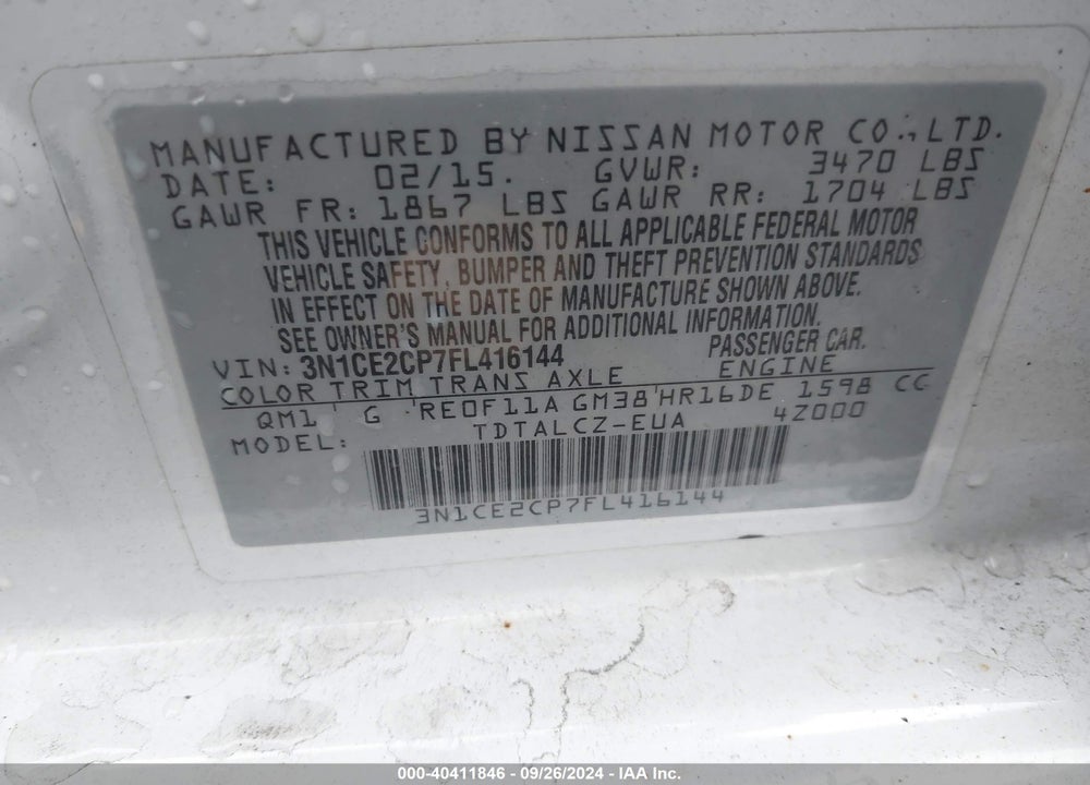 2015 NISSAN VERSA NOTE S (SR)/S PLUS/SL/SR/SV VIN: 3N1CE2CP7FL416144