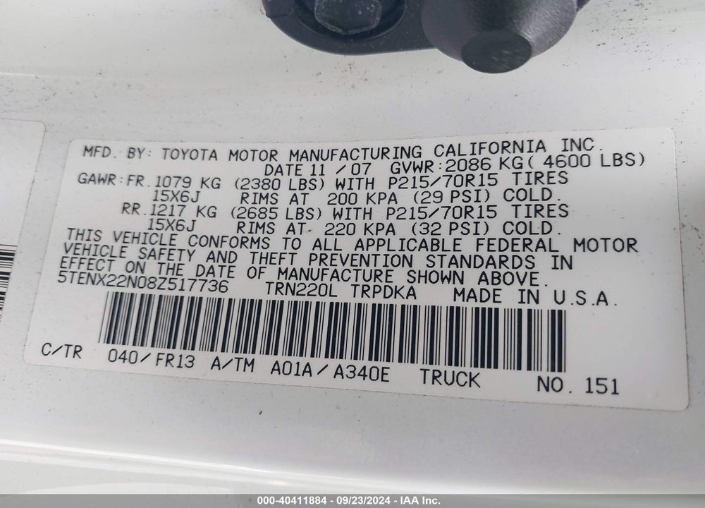 2008 TOYOTA TACOMA VIN: 5TENX22N08Z517736