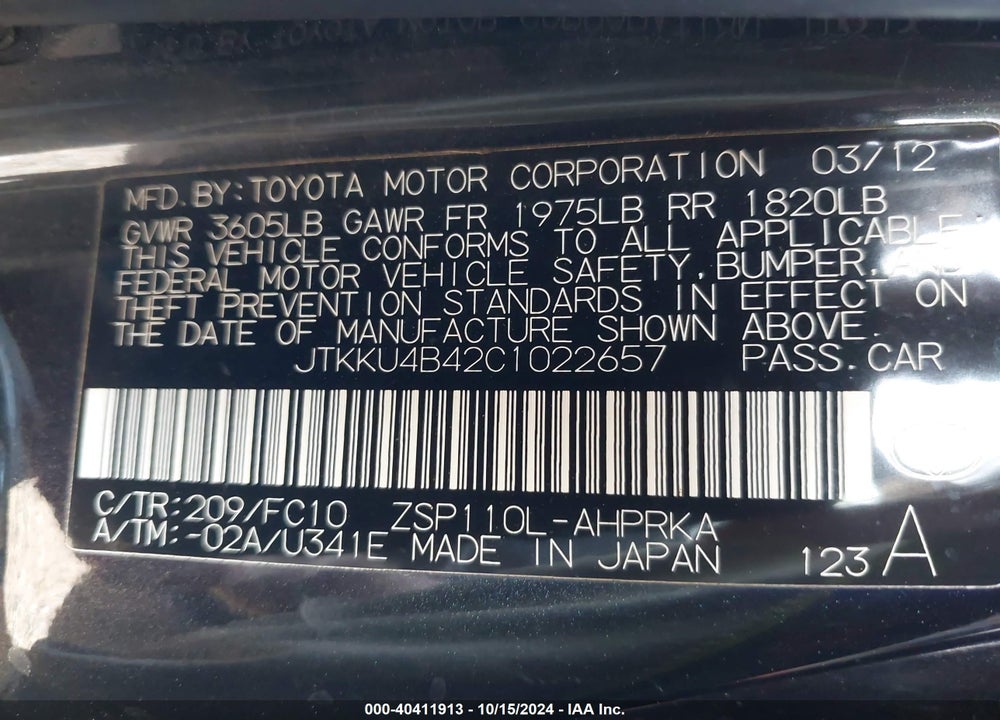 2012 SCION XD VIN: JTKKU4B42C1022657