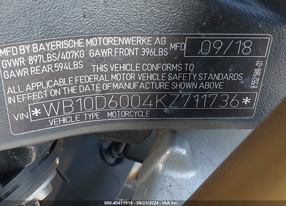2019 BMW S 1000 RR VIN: WB10D6004KZ711736