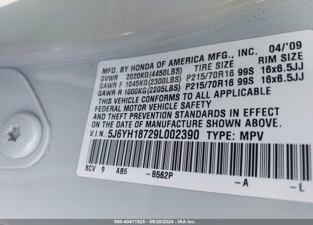 2009 HONDA ELEMENT EX VIN: 5J6YH18729L002390