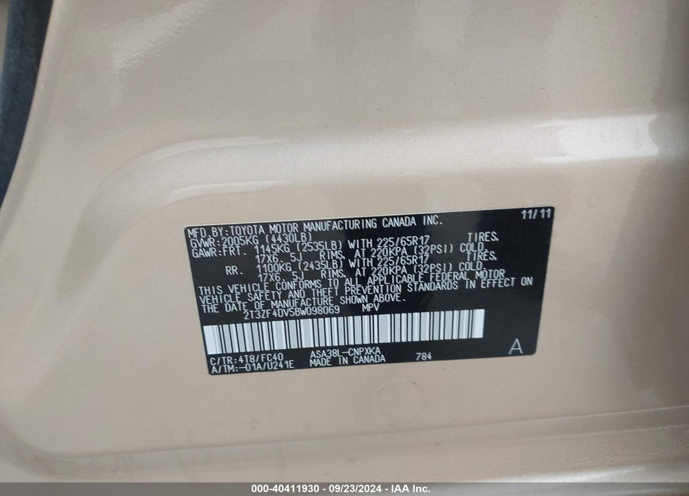 2011 TOYOTA RAV4 BASE (A4) VIN: 2T3ZF4DV5BW098069