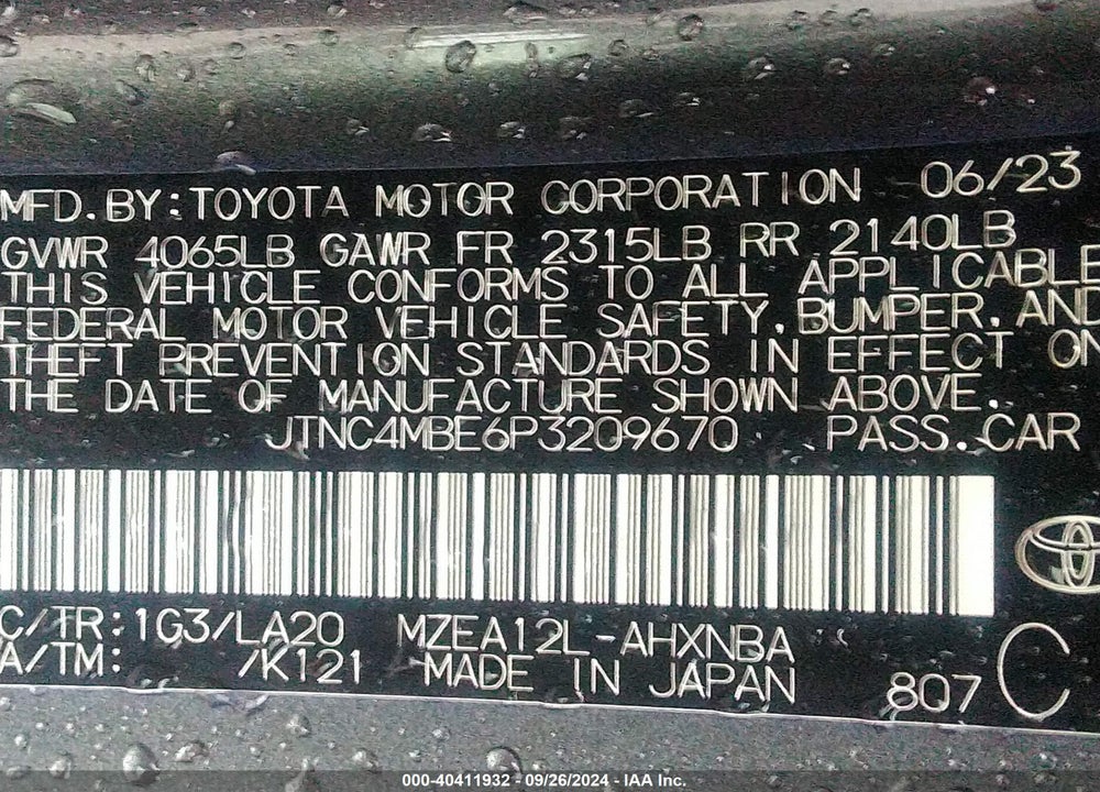 2023 TOYOTA COROLLA XSE VIN: JTNC4MBE6P3209670