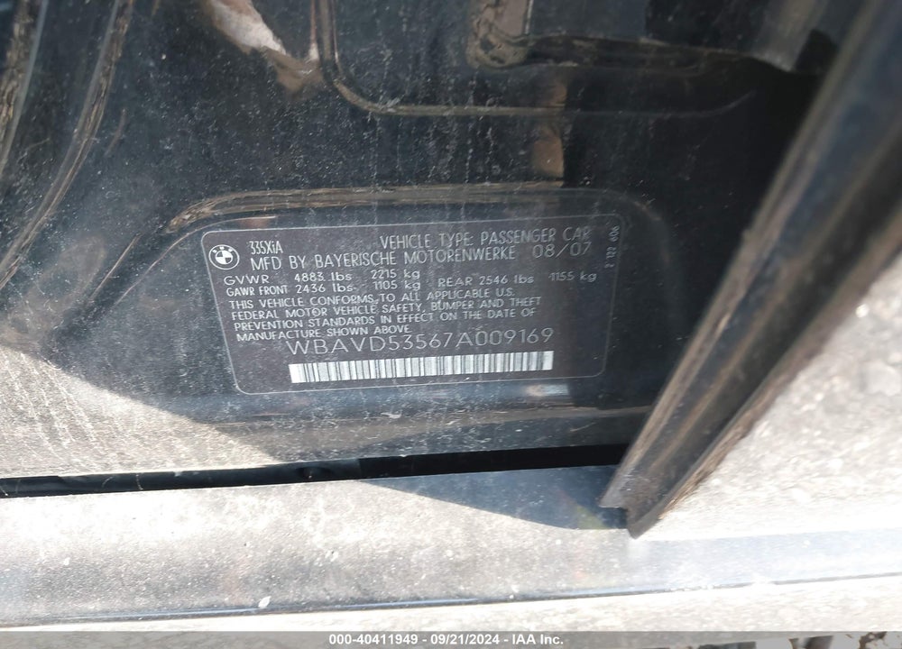 2007 BMW 335XI VIN: WBAVD53567A009169