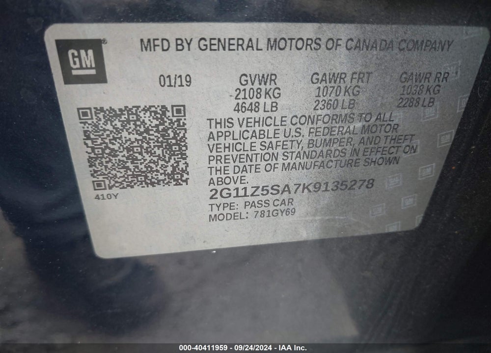 2019 CHEVROLET IMPALA LT VIN: 2G11Z5SA7K9135278