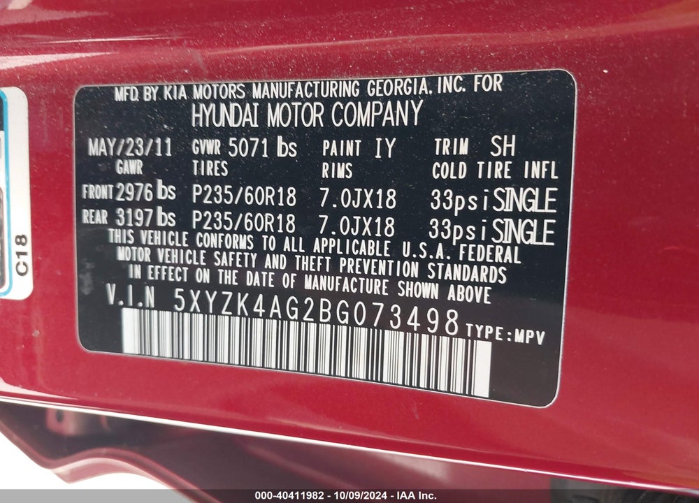 2011 HYUNDAI SANTA FE LIMITED V6 VIN: 5XYZK4AG2BG073498