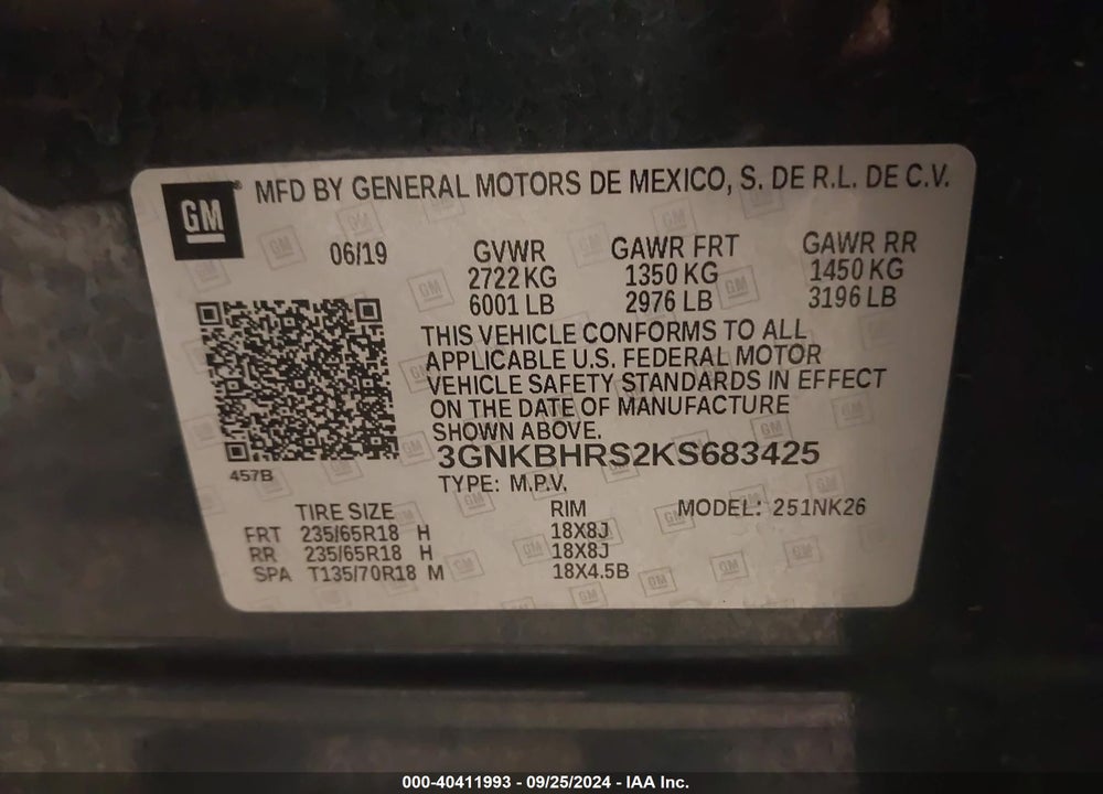2019 CHEVROLET BLAZER VIN: 3GNKBHRS2KS683425