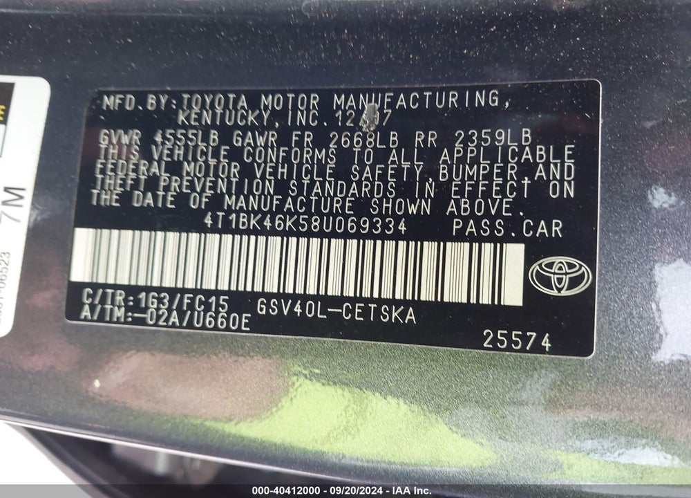 2008 TOYOTA CAMRY SE V6 VIN: 4T1BK46K58U069334