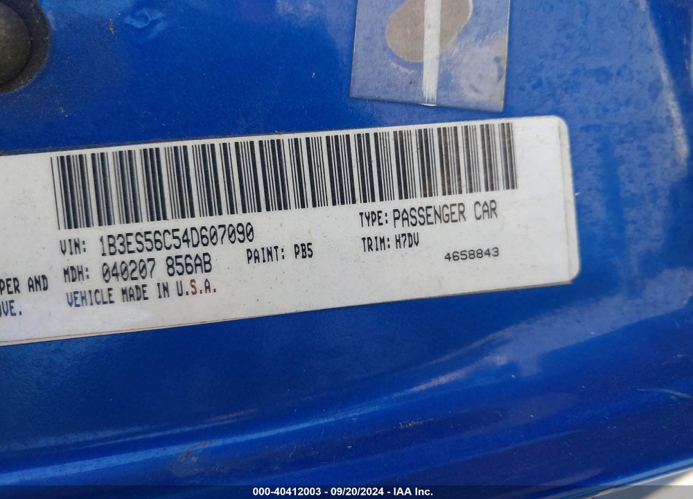 2004 DODGE NEON SXT VIN: 1B3ES56C54D607090