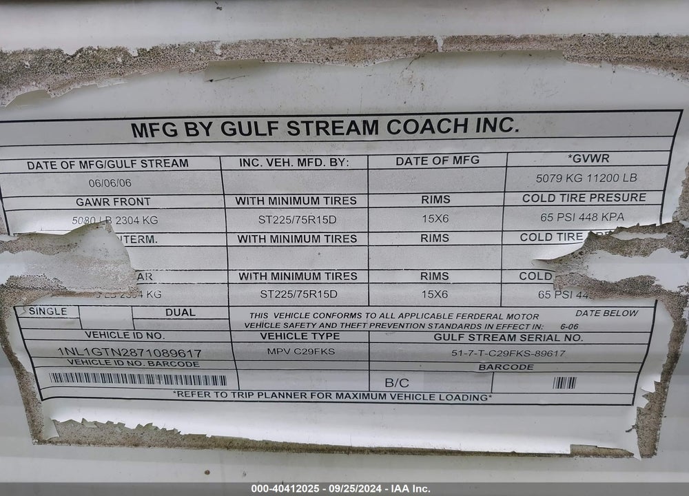 2007 GULFSTREAM CONQUEST VIN: 1NL1GTN2871089617