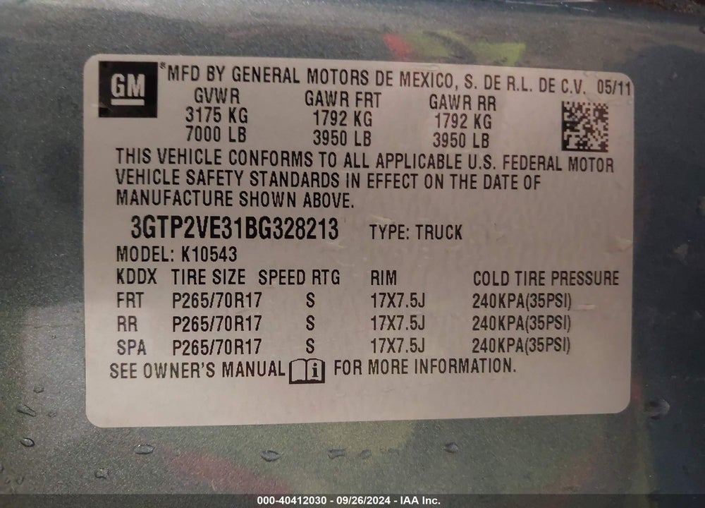 2011 GMC SIERRA 1500 SLE VIN: 3GTP2VE31BG328213