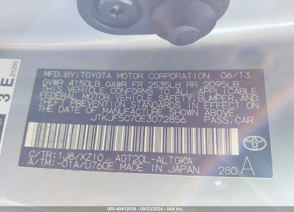 2014 SCION TC 10 SERIES VIN: JTKJF5C70E3072856