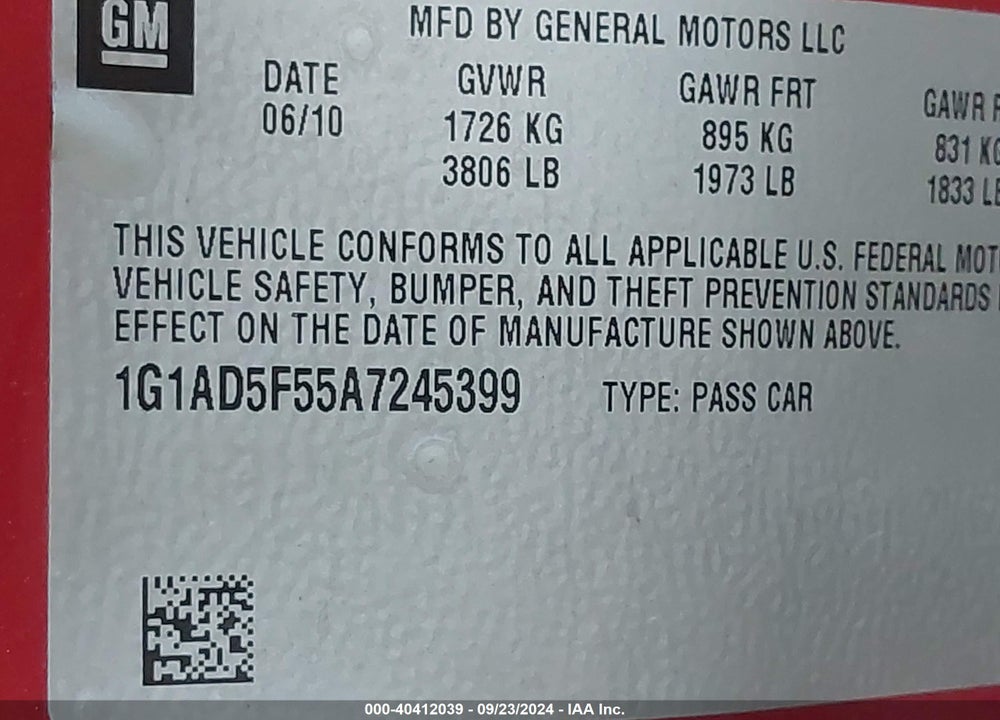 2010 CHEVROLET COBALT LT VIN: 1G1AD5F55A7245399