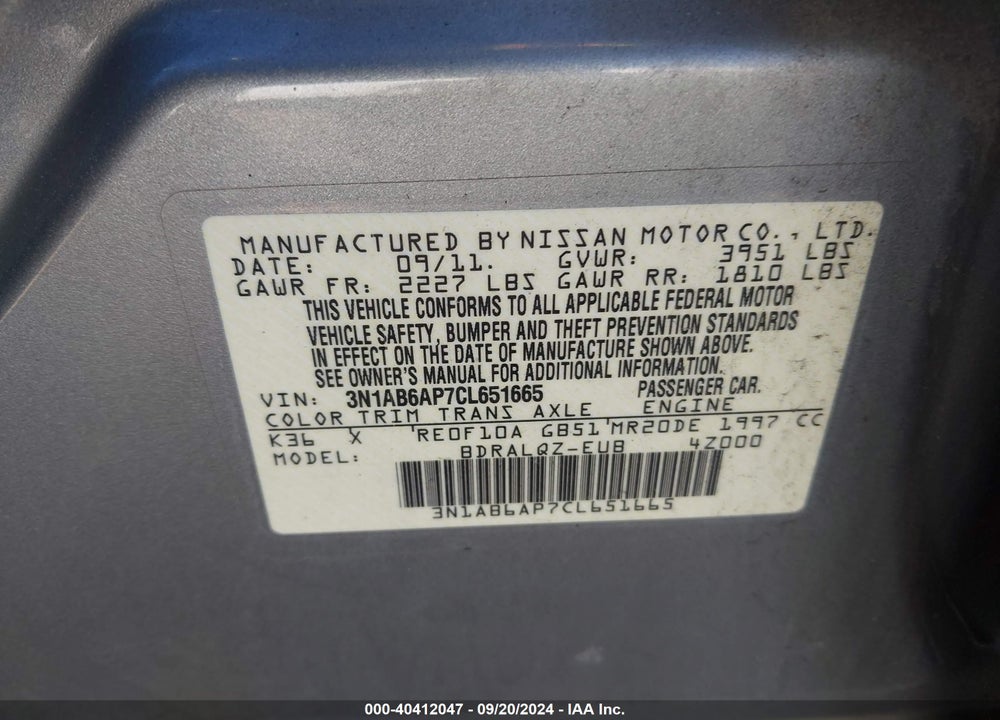 2012 NISSAN SENTRA 2.0 VIN: 3N1AB6AP7CL651665