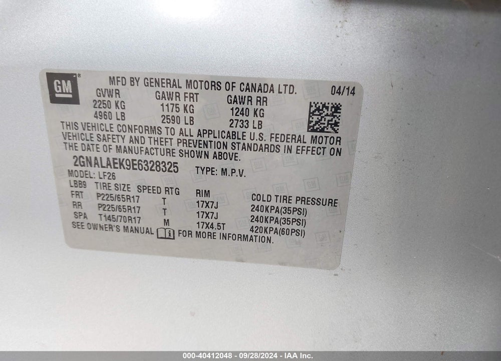 2014 CHEVROLET EQUINOX LS VIN: 2GNALAEK9E6328325