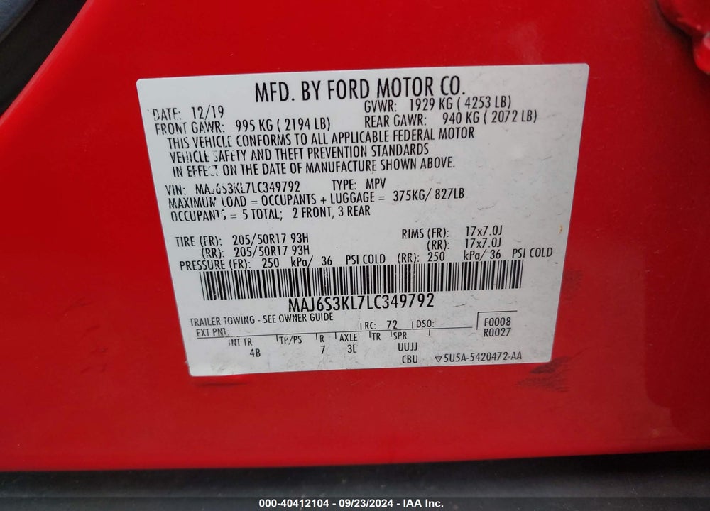 2020 FORD ECOSPORT TITANIUM VIN: MAJ6S3KL7LC349792