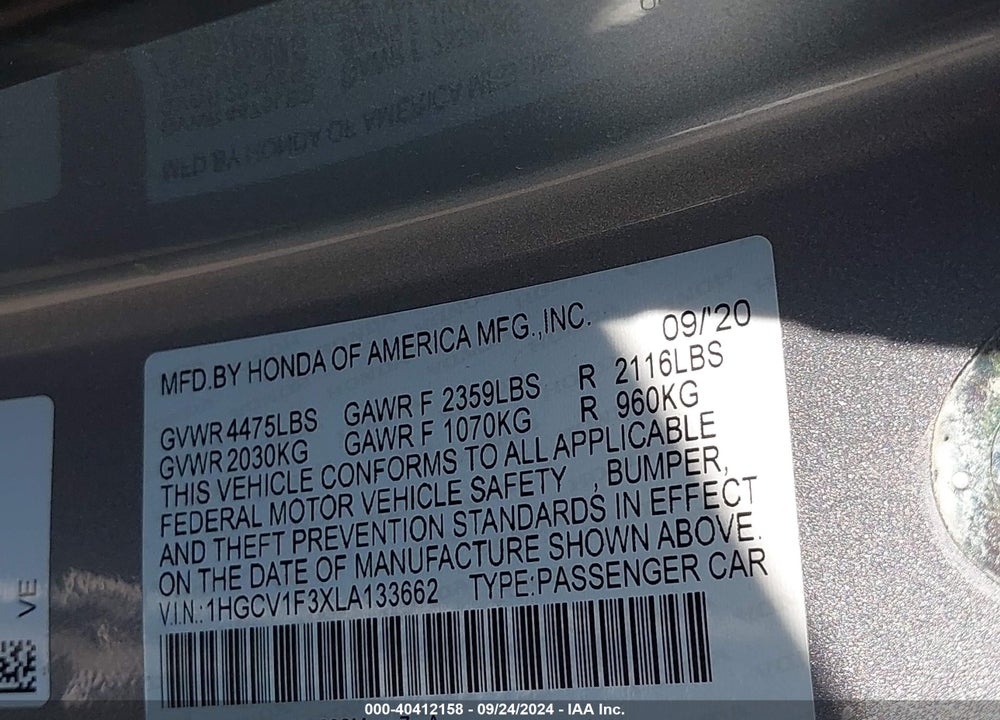 2020 HONDA ACCORD SPORT VIN: 1HGCV1F3XLA133662