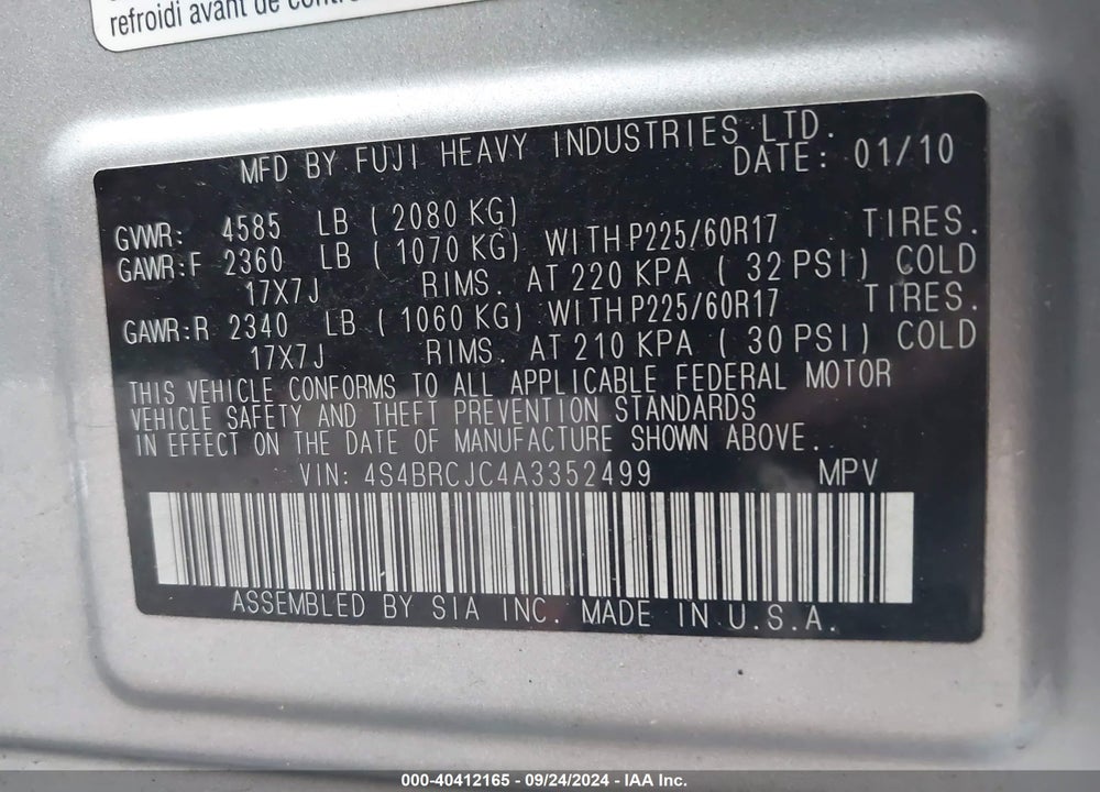 2010 SUBARU OUTBACK VIN: 4S4BRCJC4A3352499