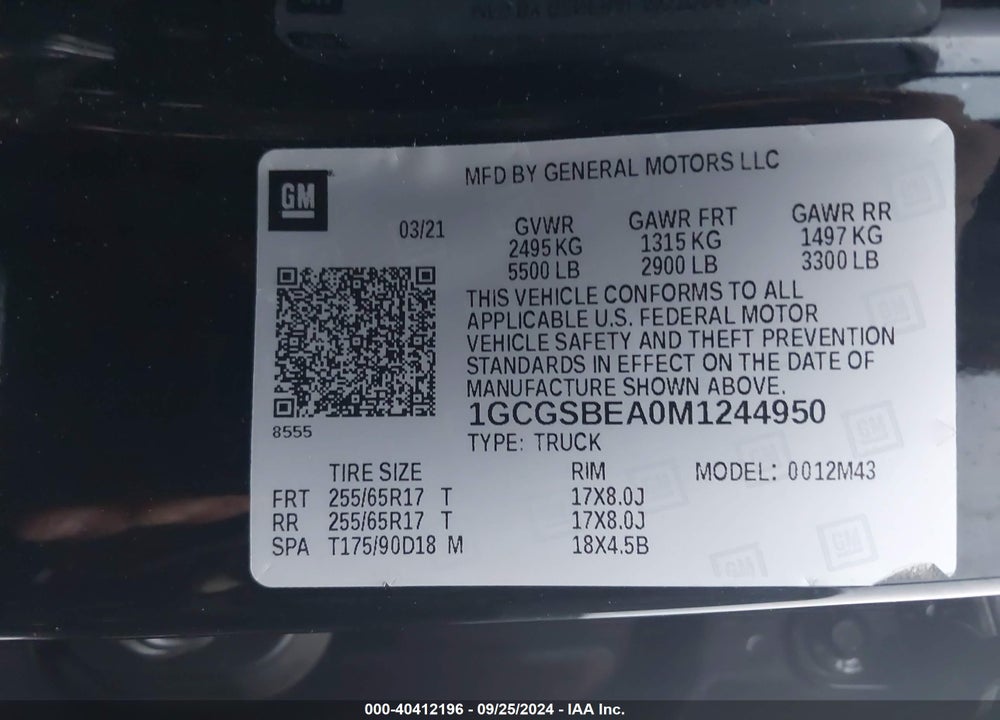 2021 CHEVROLET COLORADO VIN: 1GCGSBEA0M1244950