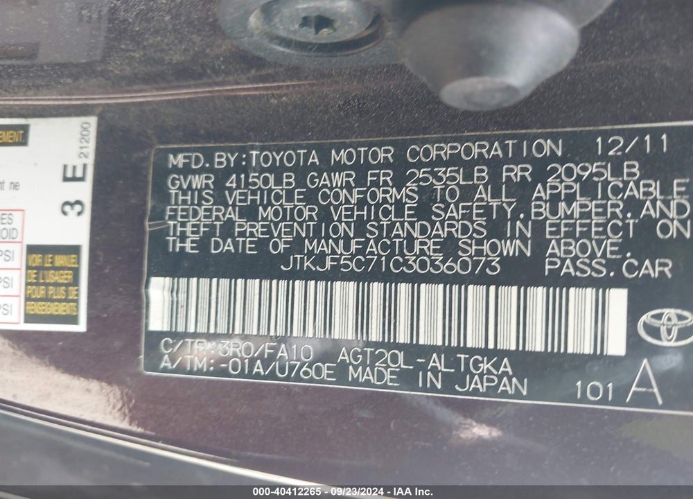 2012 SCION TC VIN: JTKJF5C71C3036073