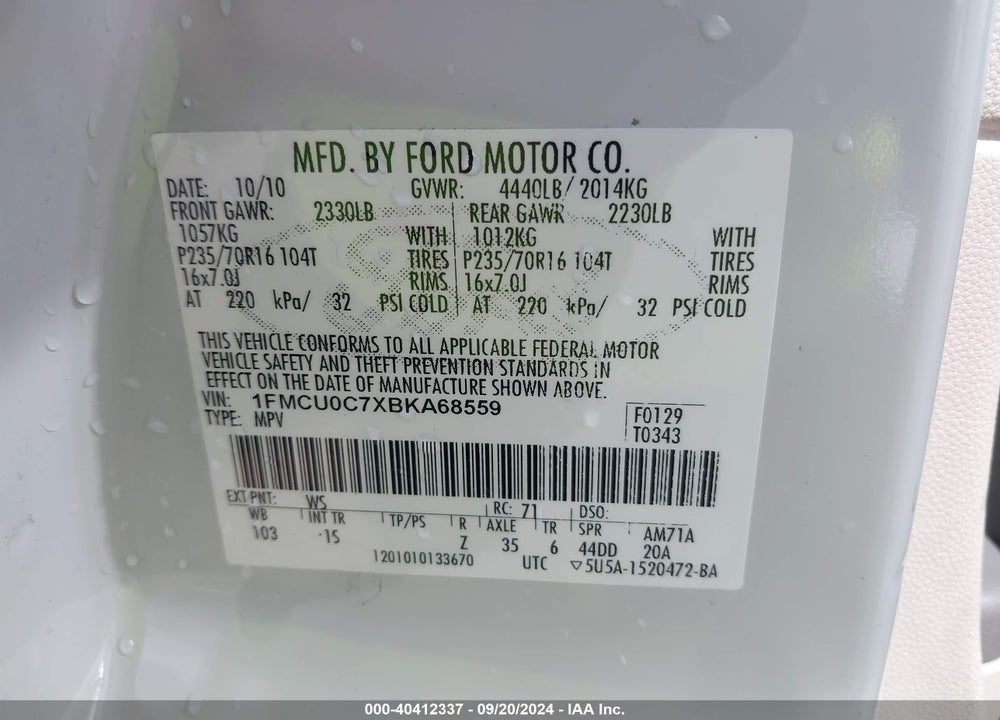 2011 FORD ESCAPE XLS VIN: 1FMCU0C7XBKA68559