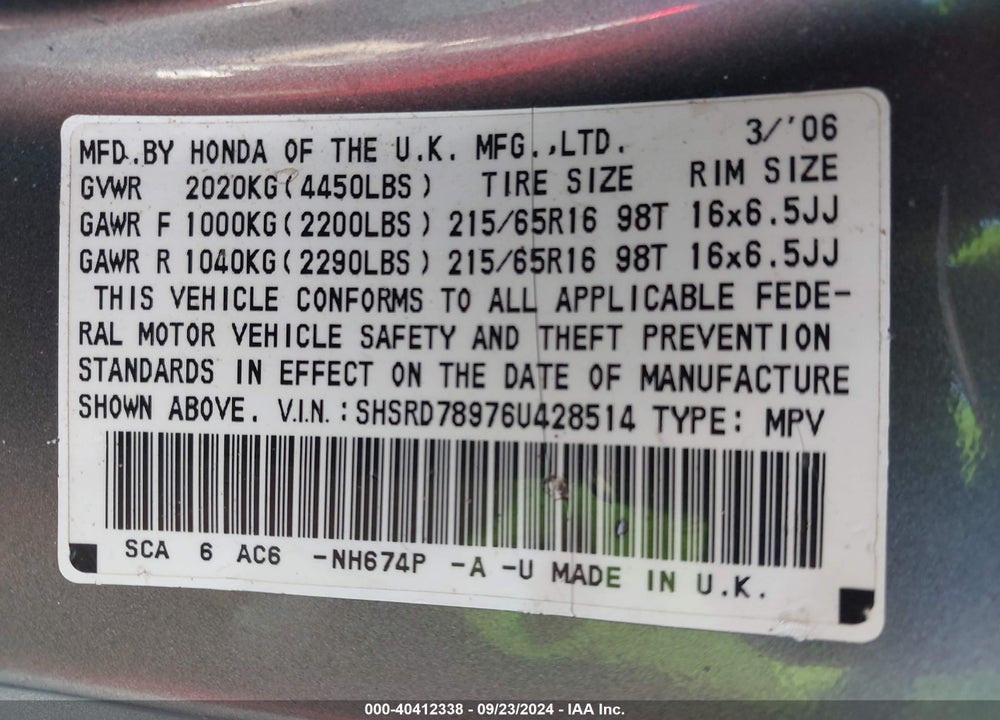 2006 HONDA CR-V SE VIN: SHSRD78976U428514