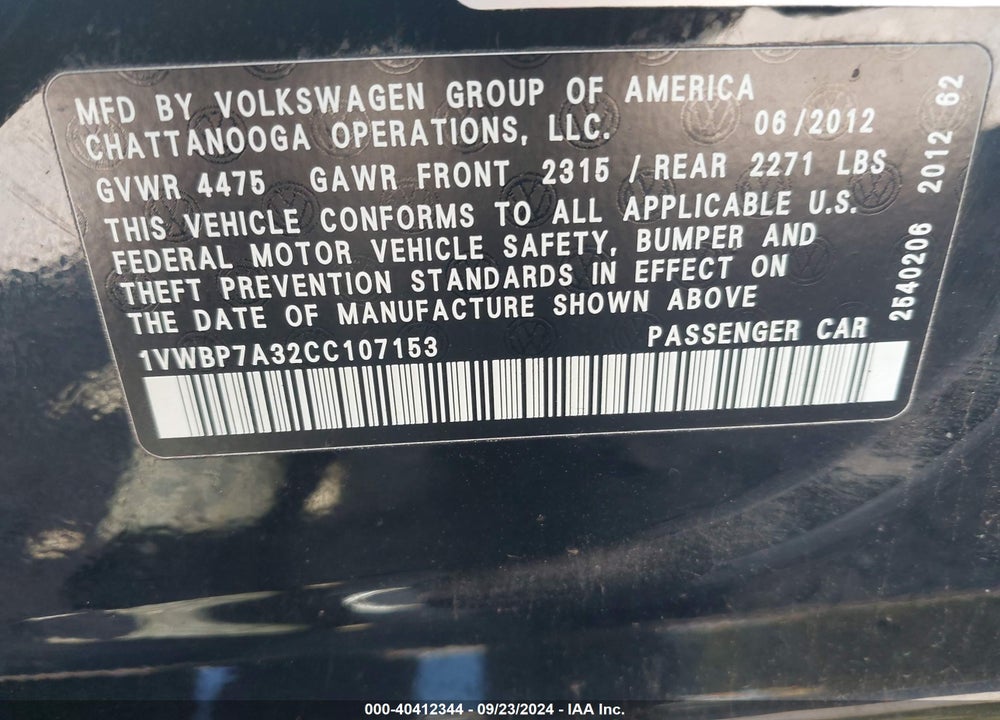 2012 VOLKSWAGEN PASSAT 2.5L SE VIN: 1VWBP7A32CC107153