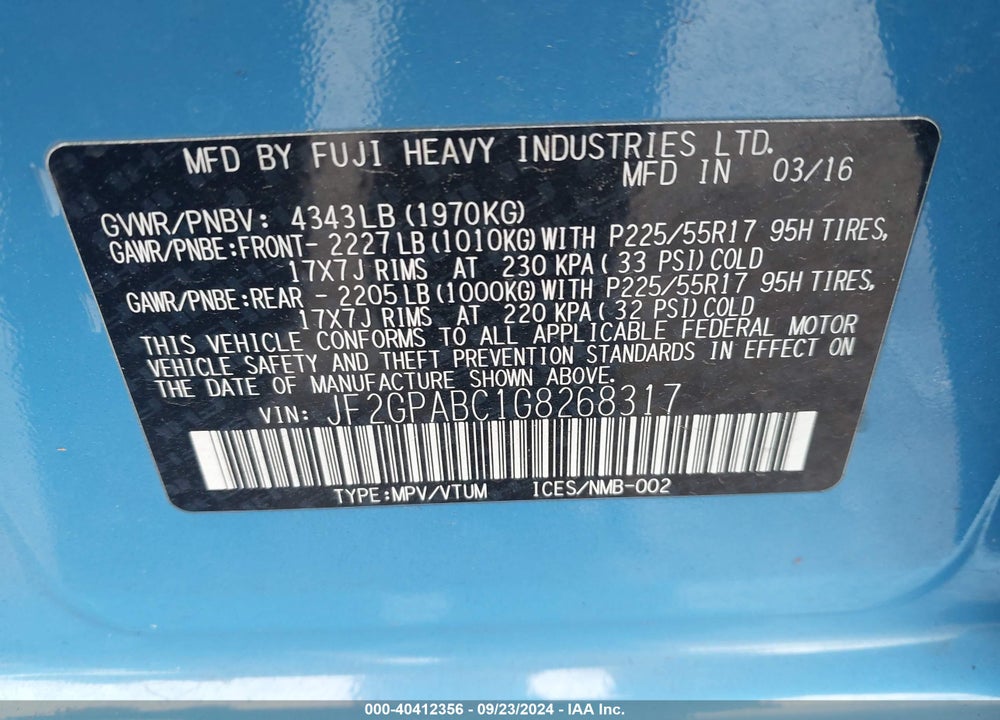 2016 SUBARU CROSSTREK 2.0I PREMIUM VIN: JF2GPABC1G8268317