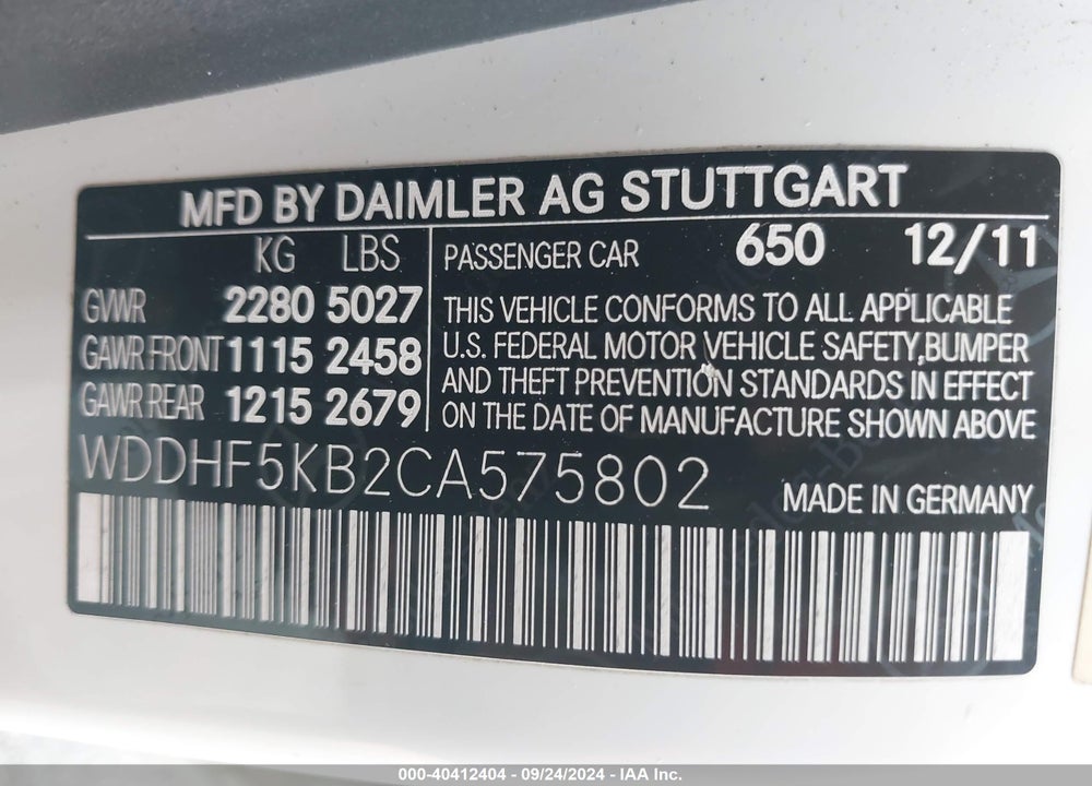 2012 MERCEDES-BENZ E 350 VIN: WDDHF5KB2CA575802