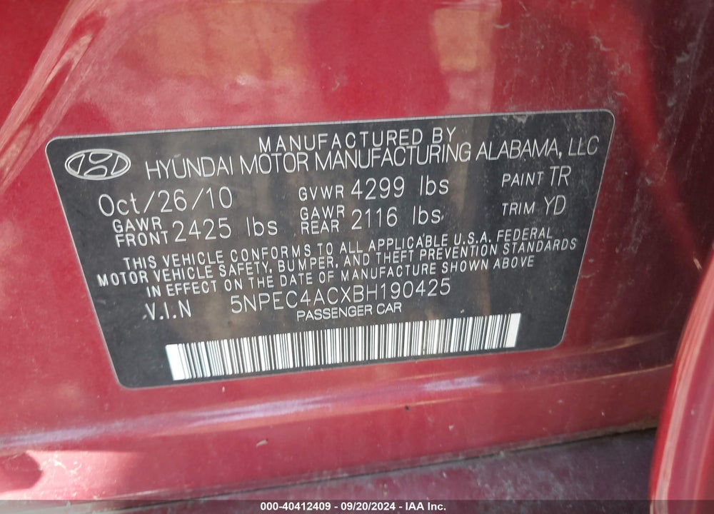 2011 HYUNDAI SONATA LIMITED VIN: 5NPEC4ACXBH190425