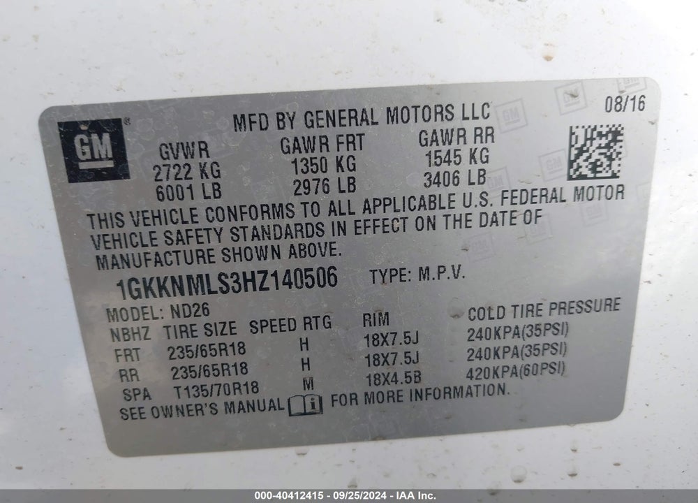 2017 GMC ACADIA SLT-1 VIN: 1GKKNMLS3HZ140506