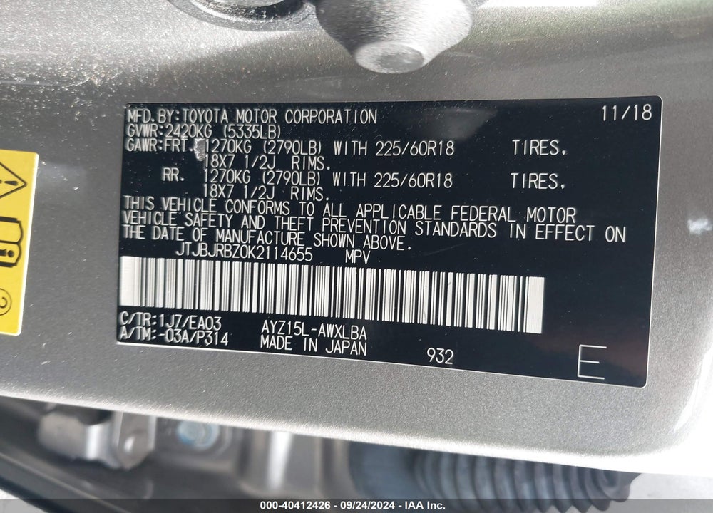 2019 LEXUS NX 300H VIN: JTJBJRBZ0K2114655