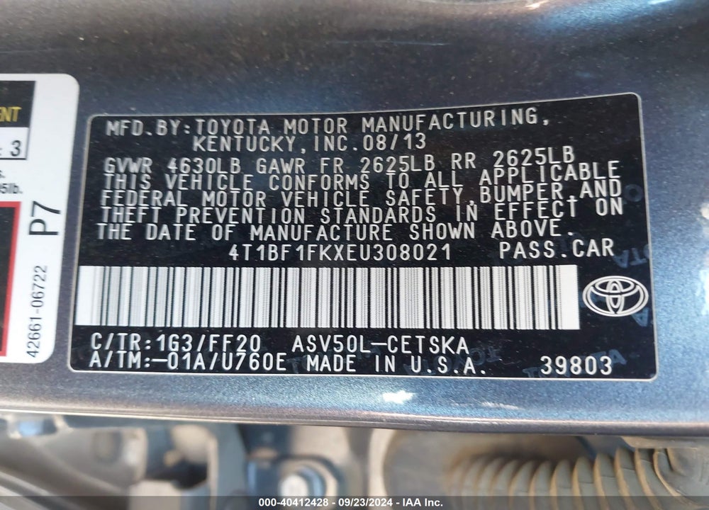 2014 TOYOTA CAMRY SE VIN: 4T1BF1FKXEU308021